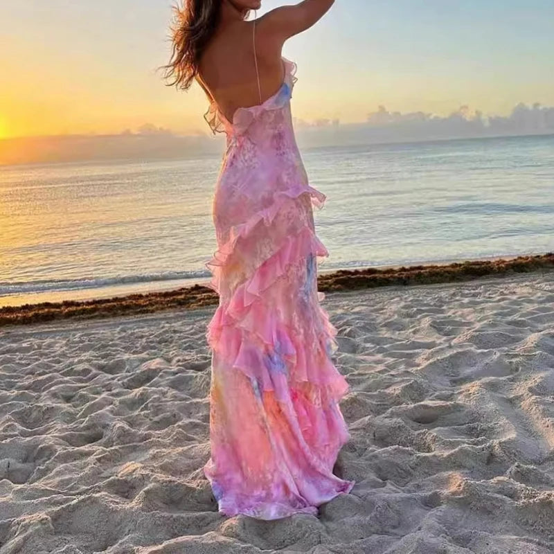 Women's V Neck Ruffled Slim Long Fashion Sleeveless Floral Print Backless Dress