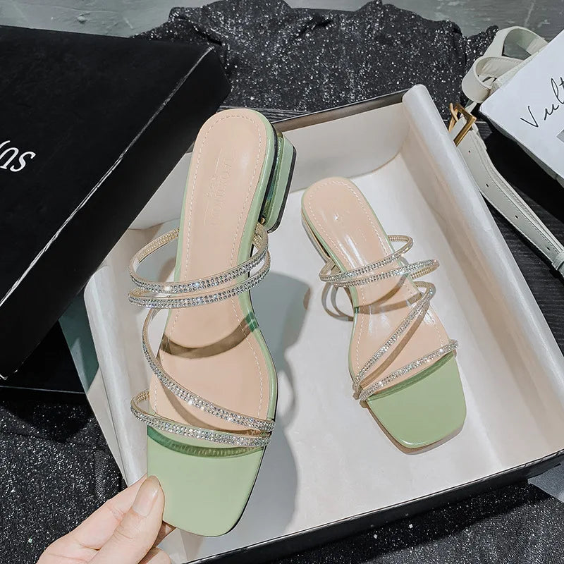 Crystal Rhinestone Clear Strap Sandals With Low Heel