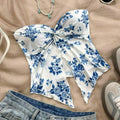 Floral Strapless Tube Top With Backless Design Tie Front And High Slit