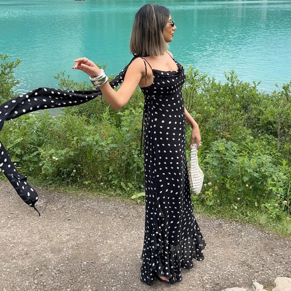 Elegant Polka Dot Halter Sleeveless Maxi Dress With Pleated Skirt And Ribbon Scarf