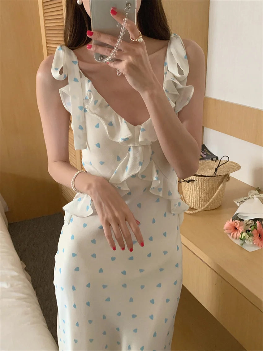Allover Printed Dress With V Neckline Ruffles And Sleeveless Silhouette