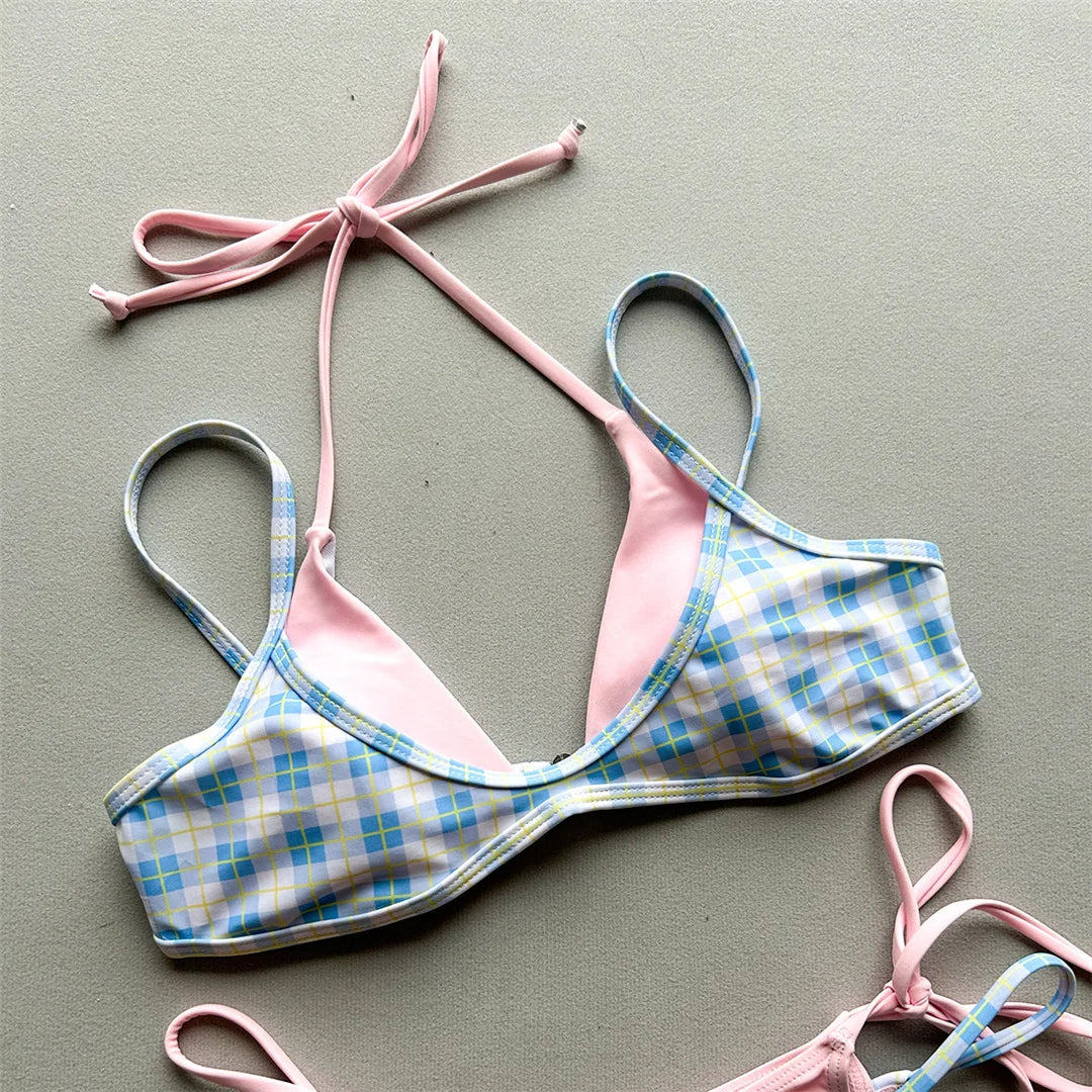 Halter Bikini Set in Plaid and Polka Dots