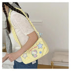 Bright Strawberry Daydream Shoulder Bag With Yellow Nylon And Blue Grid Star Detail