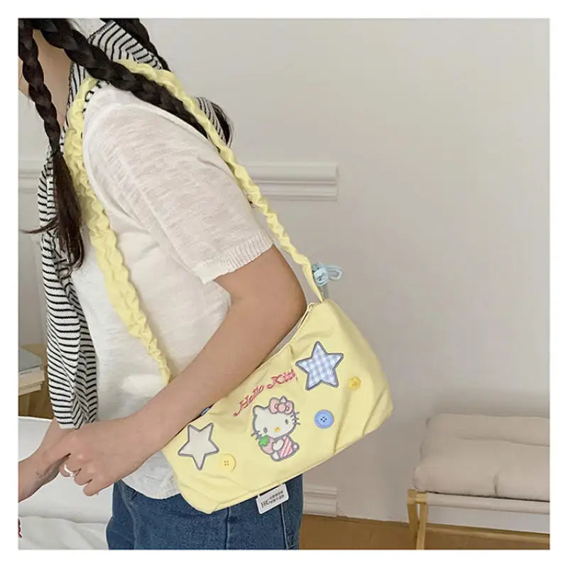 Bright Strawberry Daydream Shoulder Bag With Yellow Nylon And Blue Grid Star Detail
