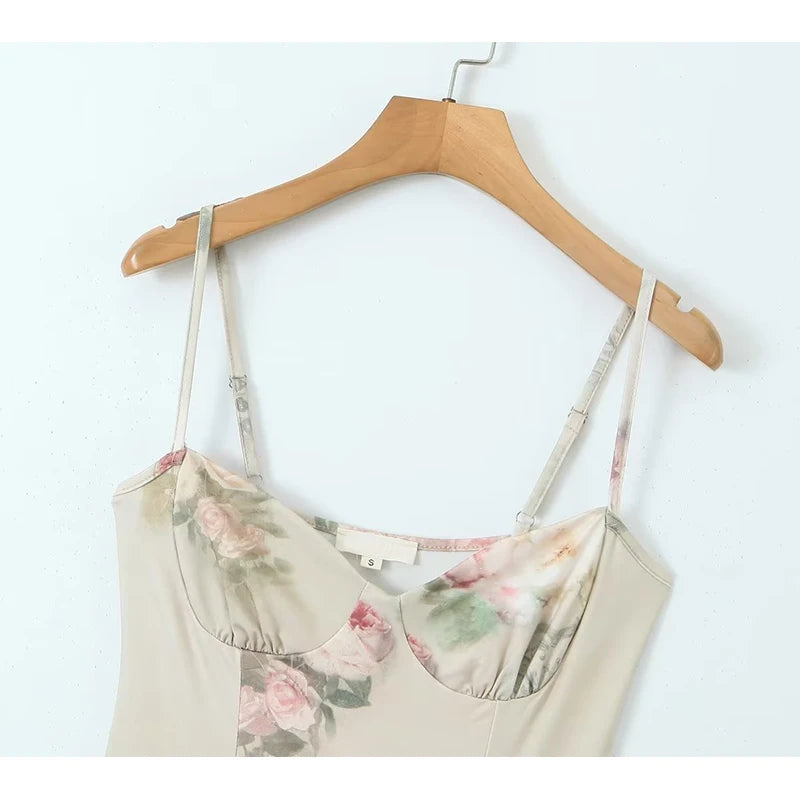 Women Vintage Floral Print Knit High Stretch Sling Mini Dress