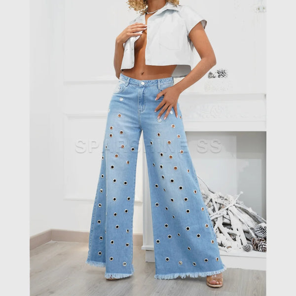 Vintage Vibe Women Retro Flared Jeans Wide Leg Loose Fit