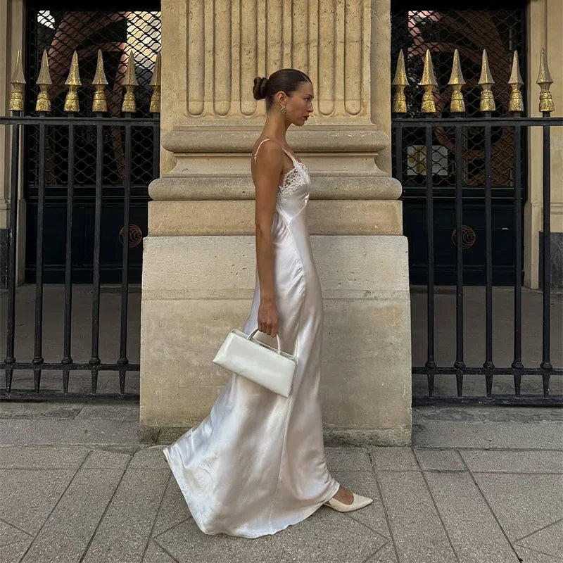 V-Neck Satin Sling Maxi Dress With Lace Patchwork Backless Evening Gown