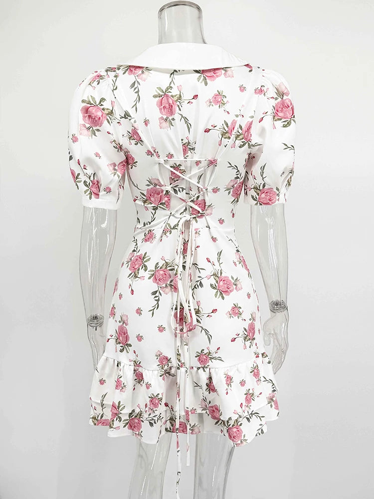 Puff Sleeves Ruffled Mini Dress With Pearl Buttons