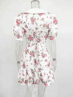 Puff Sleeves Ruffled Mini Dress With Pearl Buttons