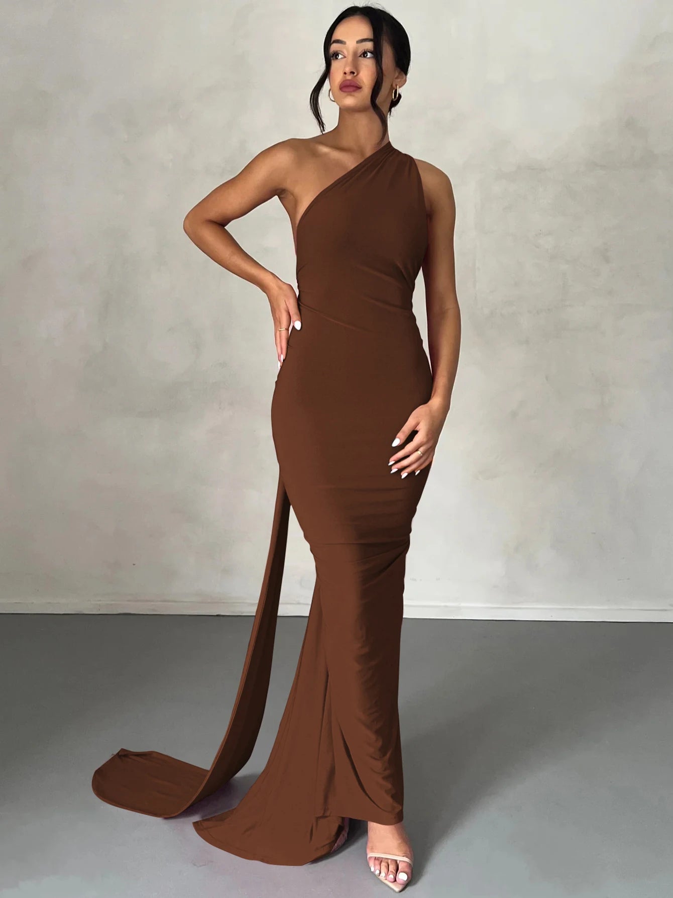 One Shoulder Backless Ruched Slim Long Dress