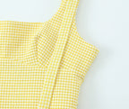 Gingham Bow Mini Dress With Square Neck High Waist Bodycon
