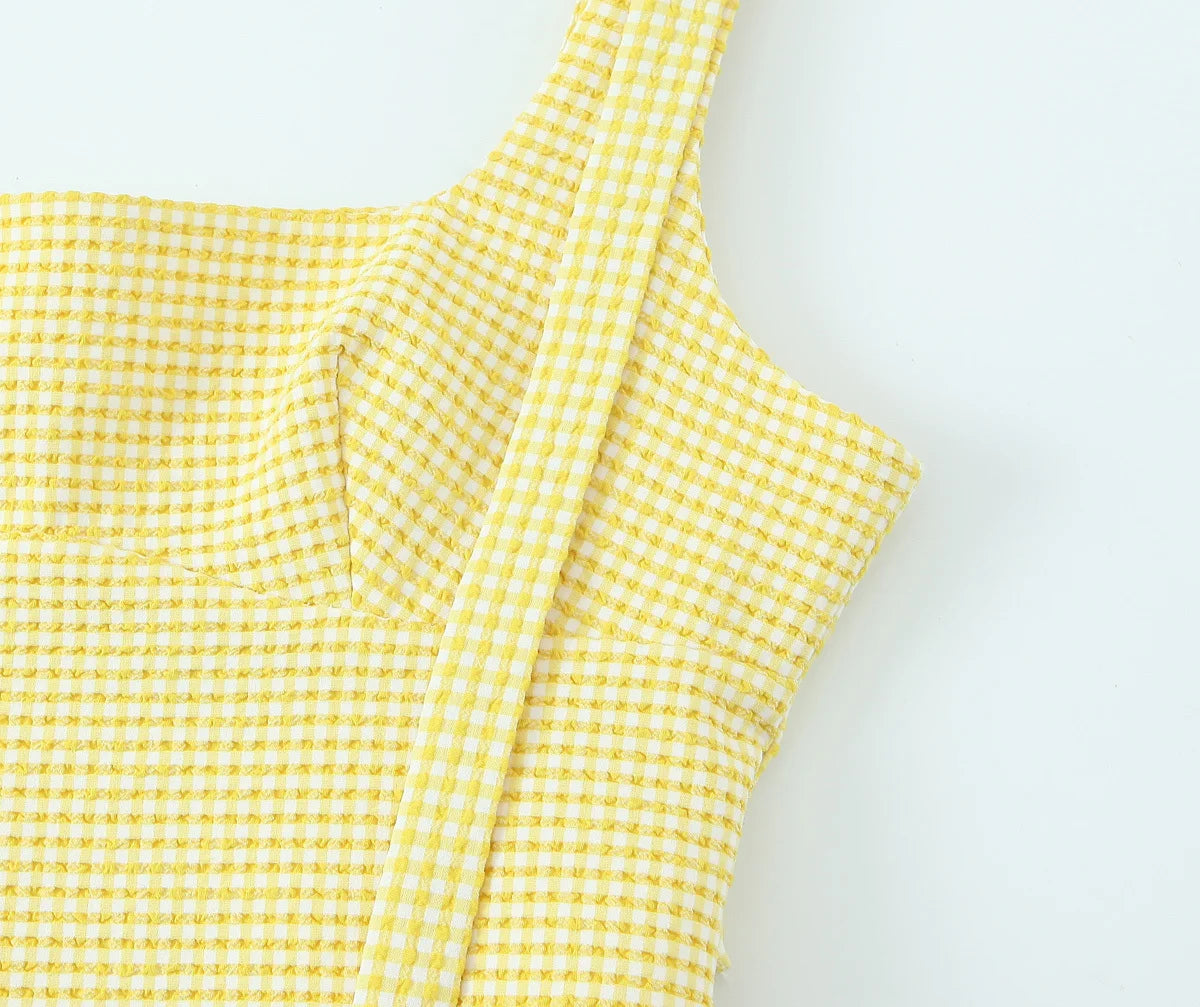 Gingham Bow Mini Dress With Square Neck High Waist Bodycon