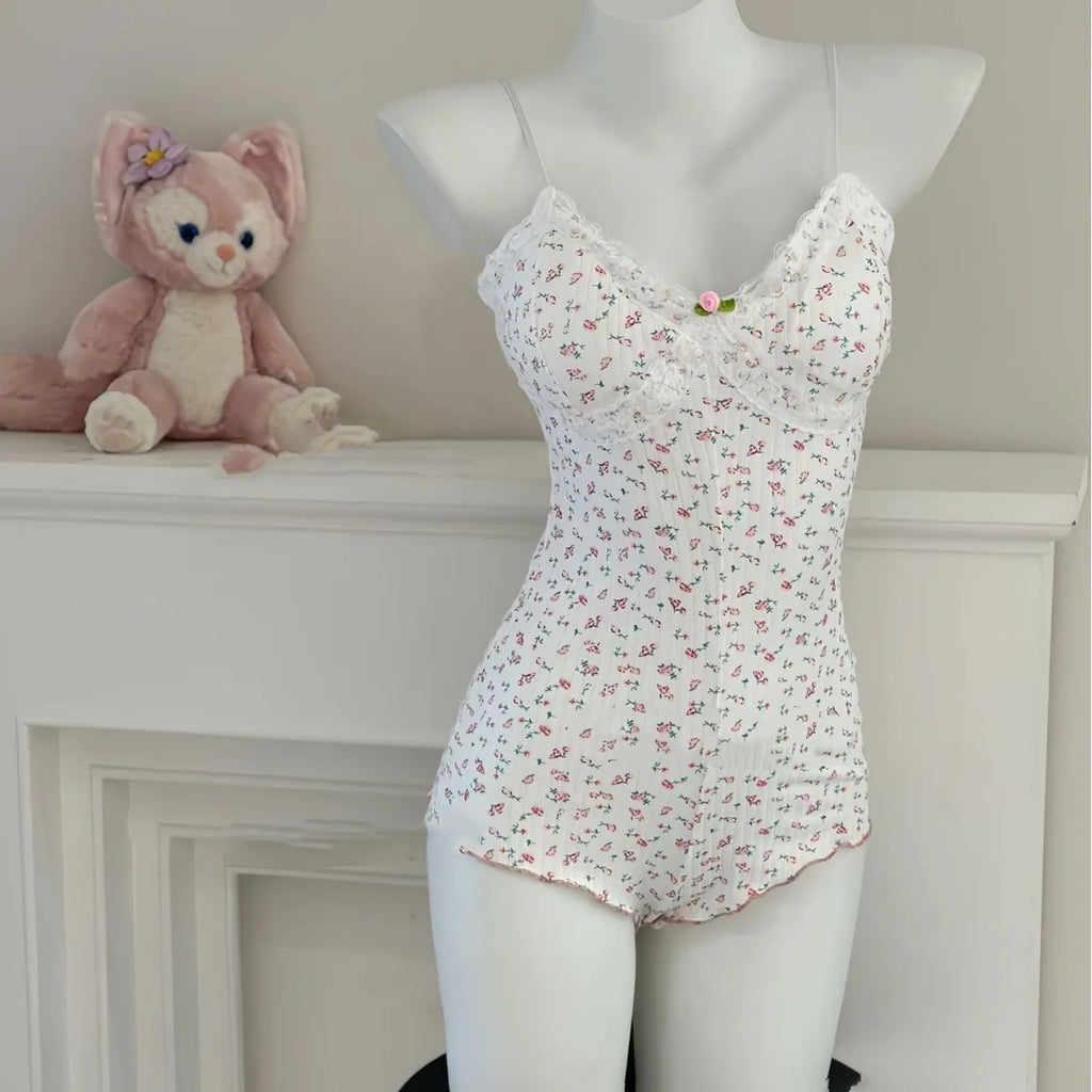 Charming Floral Print Lace Trim Slim Fit Sleeveless Bodysuit