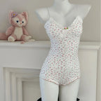 Charming Floral Print Lace Trim Slim Fit Sleeveless Bodysuit