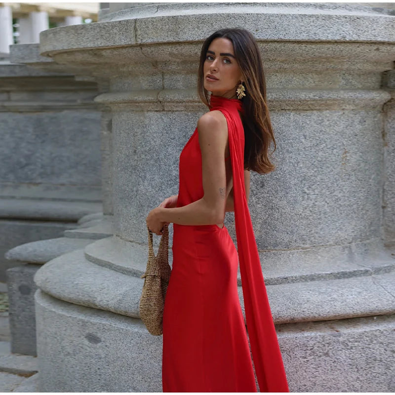 Sexy Satin Ribbon Backless Halter Dress For Elegant Evening Gown