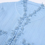 Pearl Beaded Knit Dress With Flare Sleeves And V Neck
