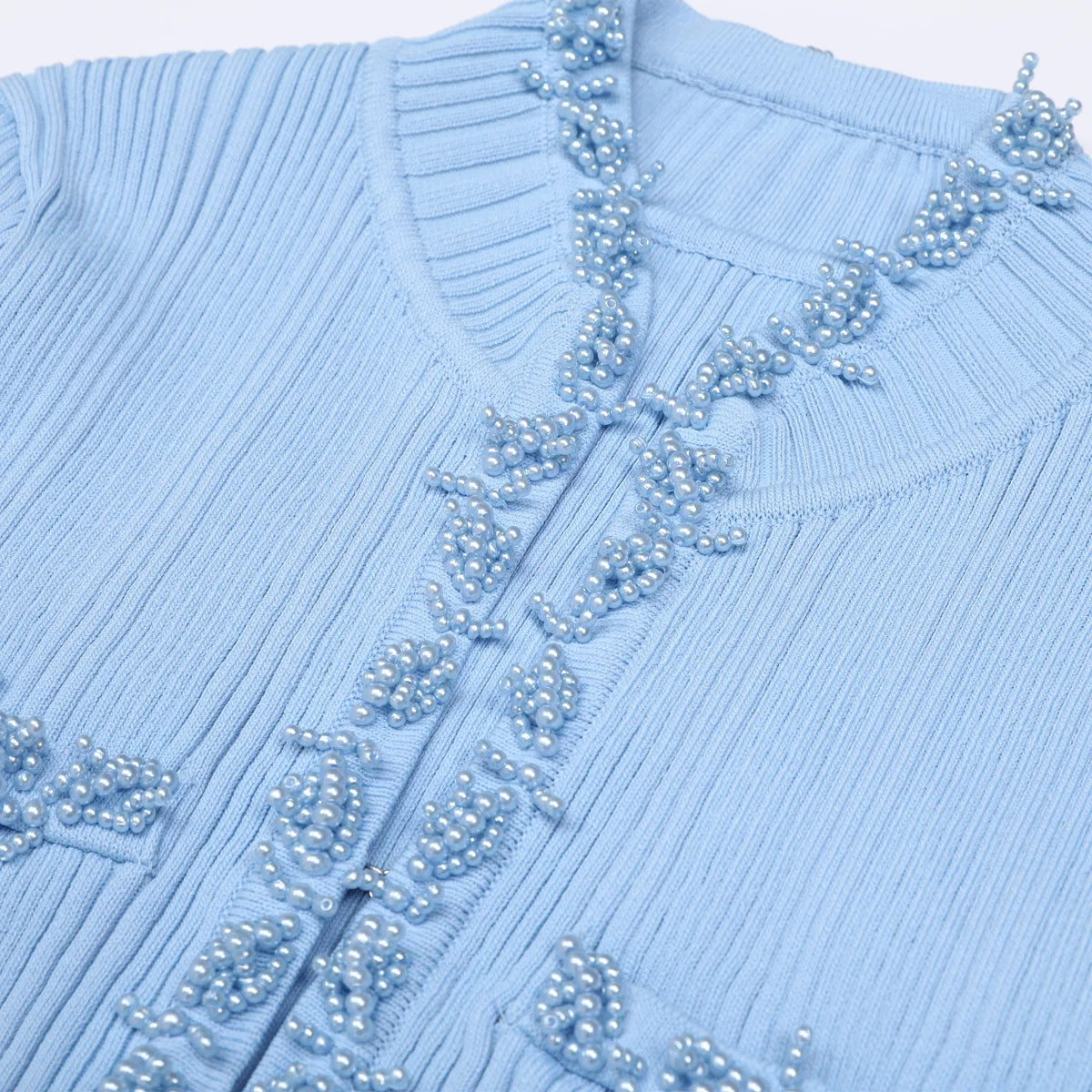 Pearl Beaded Knit Dress With Flare Sleeves And V Neck