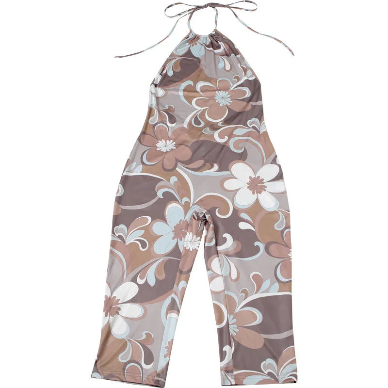 Backless Halter Floral Playsuit For Women Stretchy Romper Sleeveless