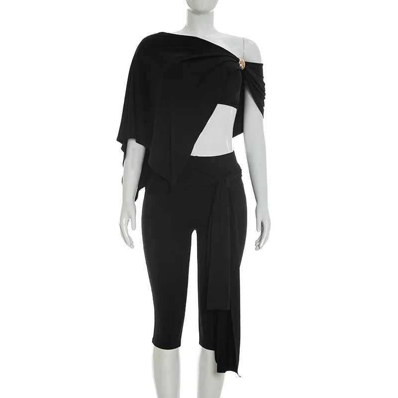 Irregular One Shoulder Crop Top And Capri Pants Set