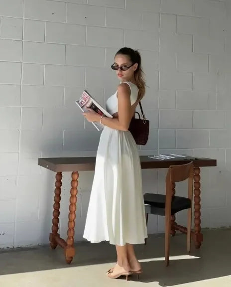 Women Ruffles Suspenders Dress Slim Solid Square Collar Sleeveless
