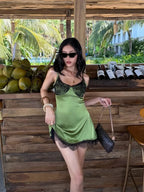 Green Camisole Lace Patchwork Slim Sheath Mini Dress