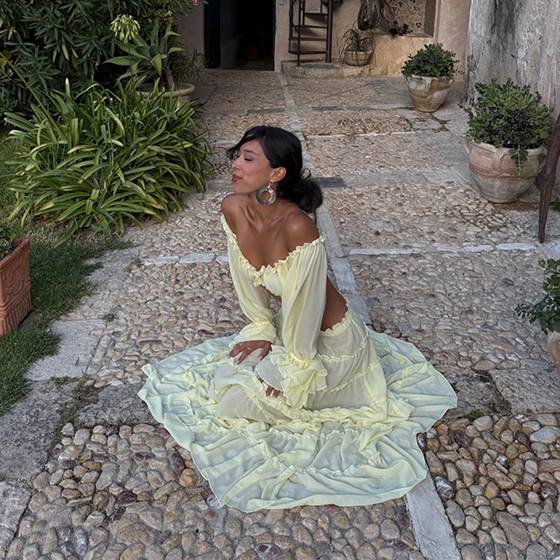 Women Fashion Yellow Off Shoulder Ruffled Two Piece Set Long Sleeve Crop Top Tiered Maxi Skirt