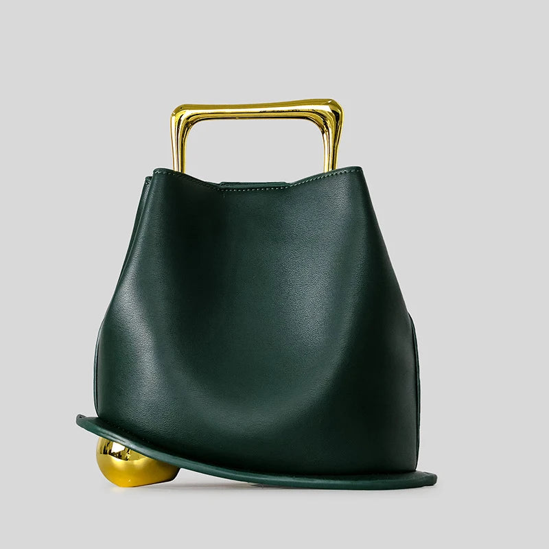 Gold Metallic Irregular Bucket Bag With Ball Base Leather Tote
