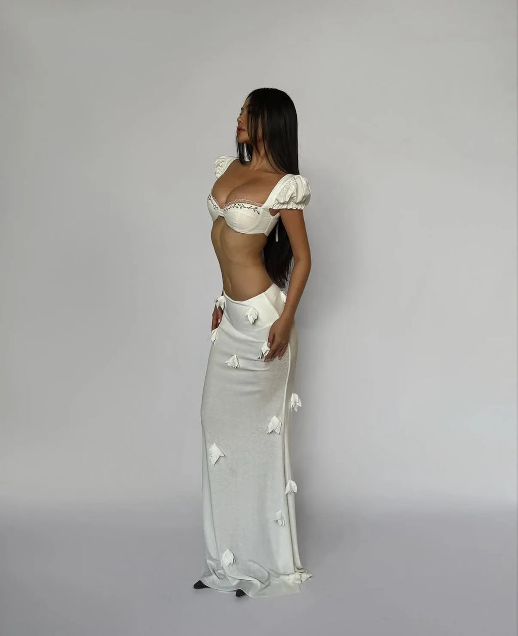 Honey Vacation Outfit Pure Desire White 3D Flower Embroidery Long Dress Set