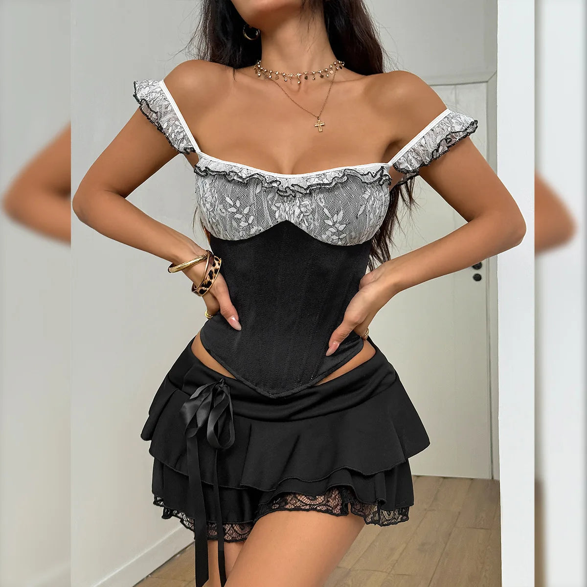 Black & White Lace Off Shoulder Corset Top