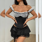 Black & White Lace Off Shoulder Corset Top