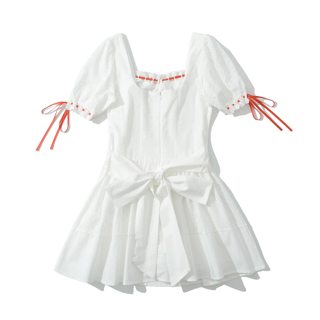Vintage Bowknot White Dress With Square Collar Cotton Hollow Out