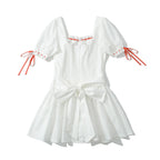 Vintage Bowknot White Dress With Square Collar Cotton Hollow Out