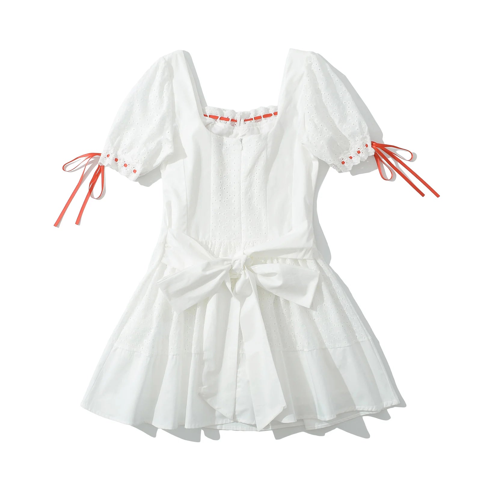 Vintage Bowknot White Dress With Square Collar Cotton Hollow Out