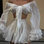 V Neck Lace Up Top Two Piece Set With Pleated Short Skirt For Modern Evening Elegance