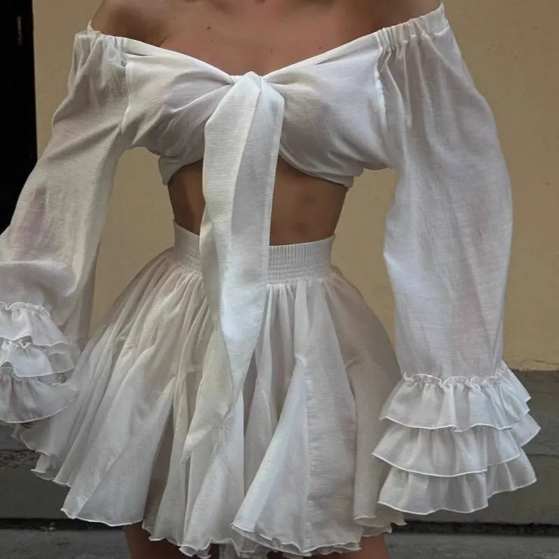 V Neck Lace Up Top Two Piece Set With Pleated Short Skirt For Modern Evening Elegance
