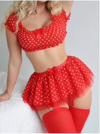 Polka Dots Tutu Lingerie Set Off Shoulder Twopiece with Plunge Bra and Satin Trim