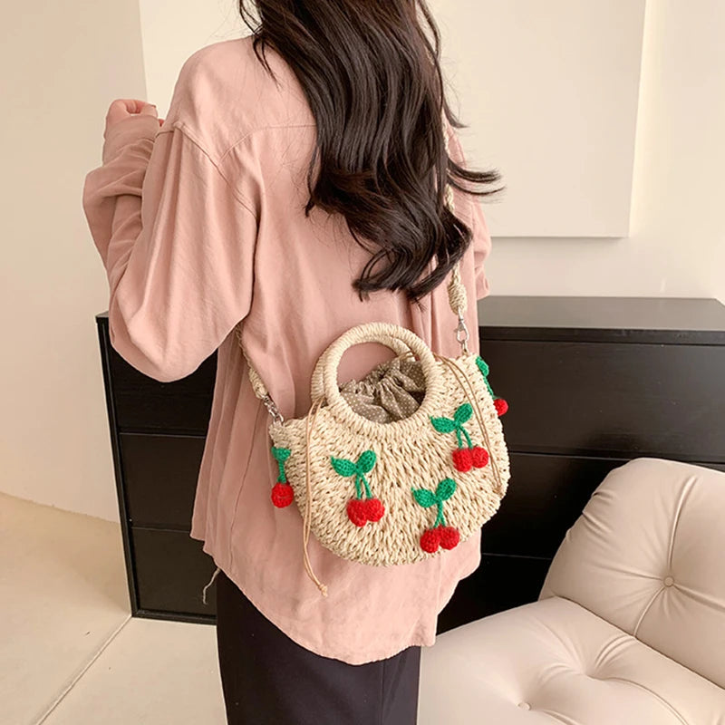 Cherry Deco Chic Shoulder Bag Mini Basket Purse Paper Weave Handmade