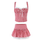 Red Plaid Corset Camis Lace Trim Bow Detail Bustier Sexy Top