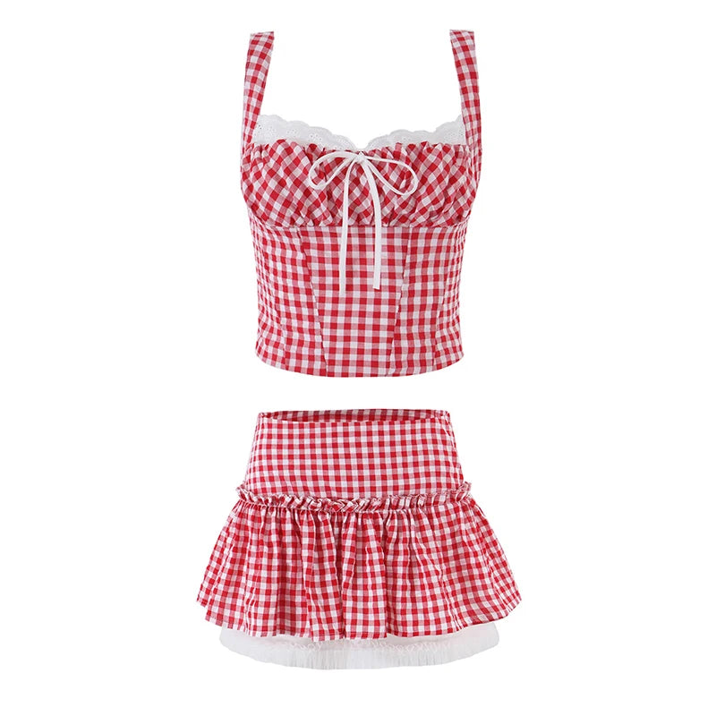 Red Plaid Corset Camis Lace Trim Bow Detail Bustier Sexy Top