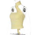 Elegant Halter Crop Top With Scarf Strap Ruched Slim Solid Design For Summer Streetwear