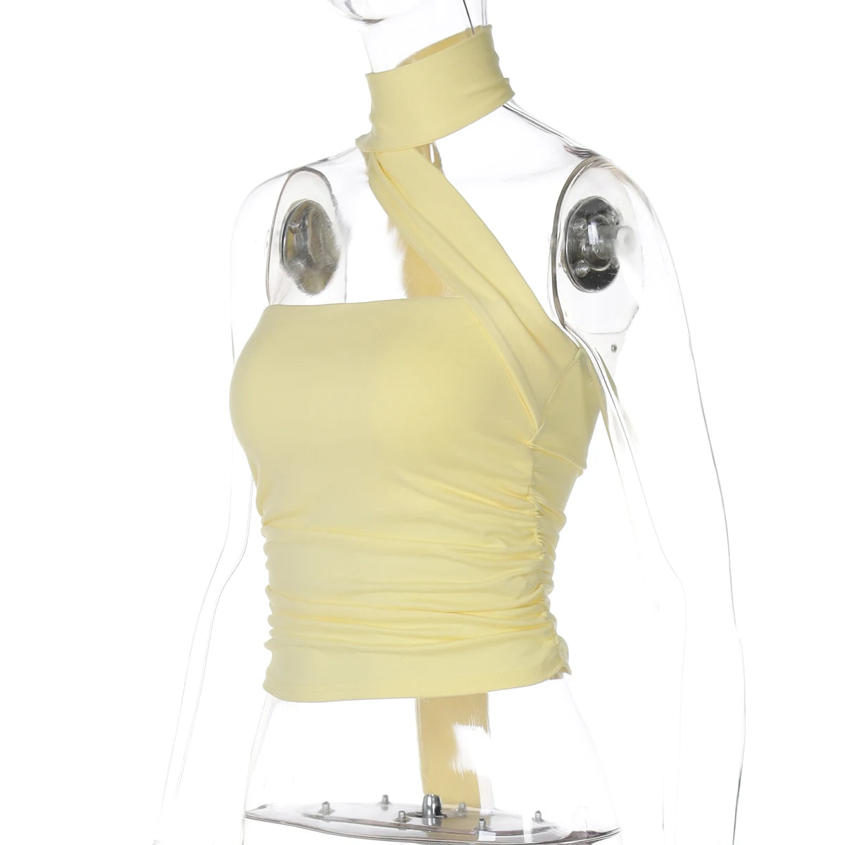Elegant Halter Crop Top With Scarf Strap Ruched Slim Solid Design For Summer Streetwear