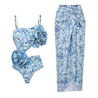 3D Flower Cutout One Piece Swimsuit With Skirt Push Up Slimming Beachwear
