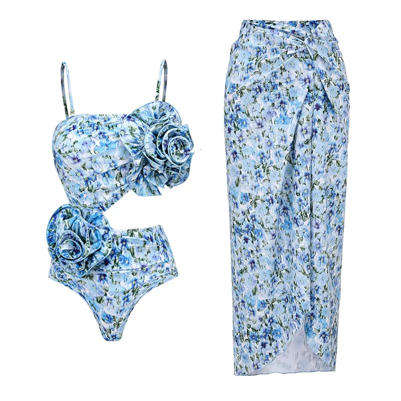 3D Flower Cutout One Piece Swimsuit With Skirt Push Up Slimming Beachwear