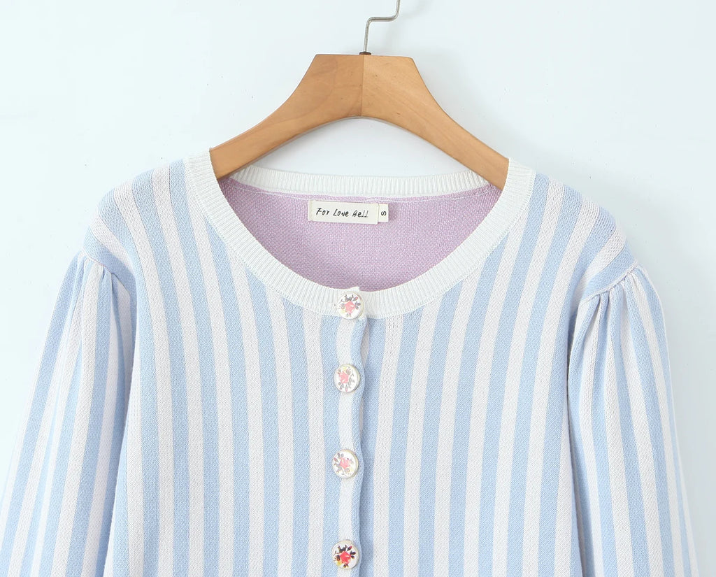 Sweet Blue White Striped Button Through Pointelle Knit Cardigan Sweater Woman Full Puff Sleeve Jumper Cropped Knitwear