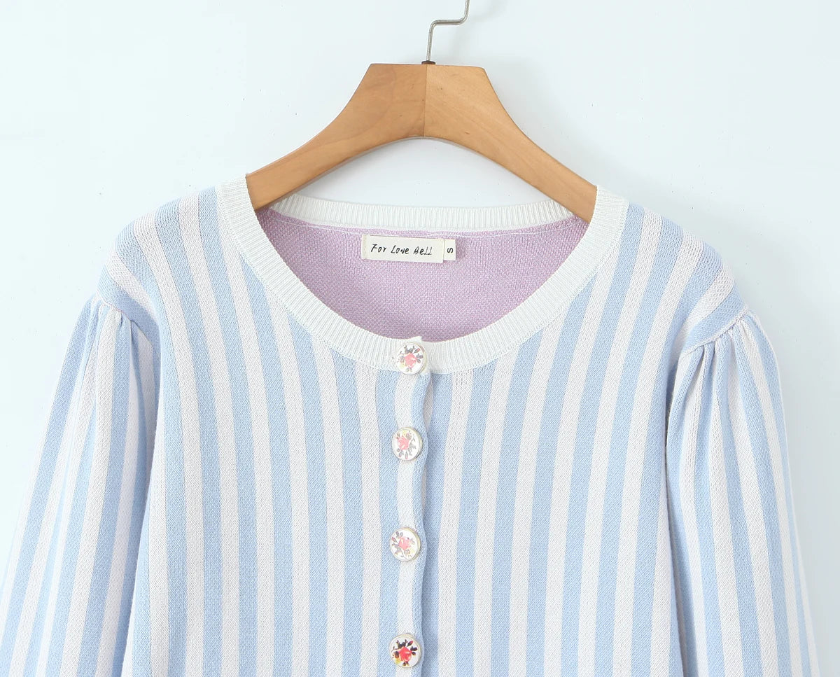 Sweet Blue White Striped Button Through Pointelle Knit Cardigan Sweater Woman Full Puff Sleeve Jumper Cropped Knitwear