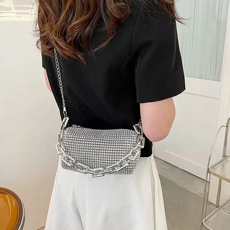 Mini Crossbody Rhinestone Bucket Bag With Glitter Chain Purse