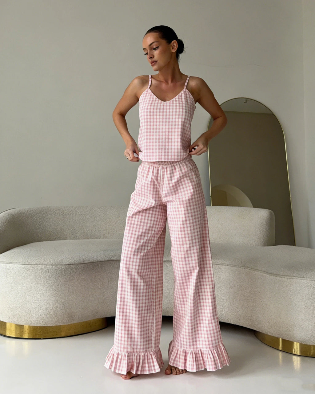 Pink Summer Set With Spaghetti Strap Cami Top And Ruffle Hem Wide Leg Pants