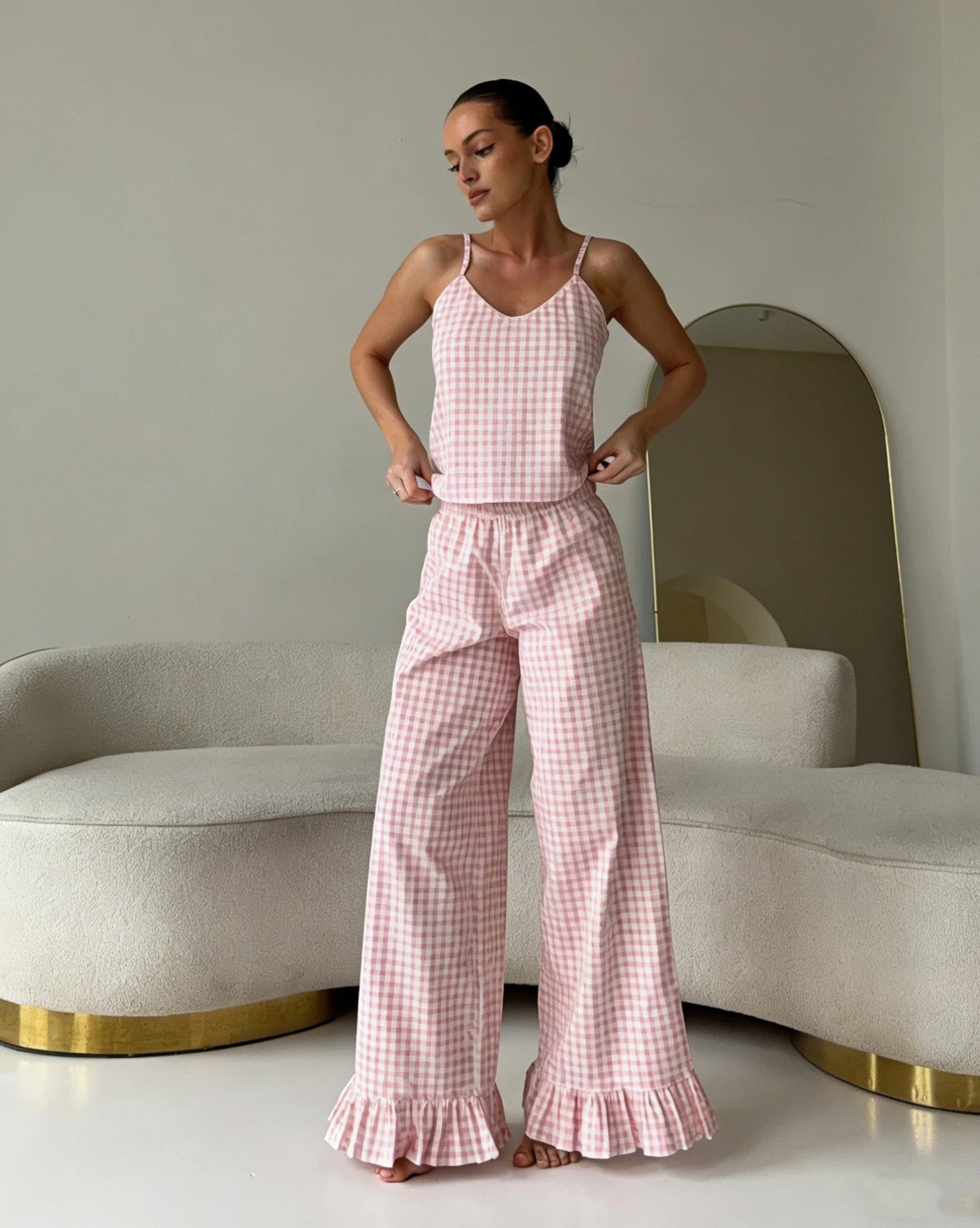 Pink Summer Set With Spaghetti Strap Cami Top And Ruffle Hem Wide Leg Pants