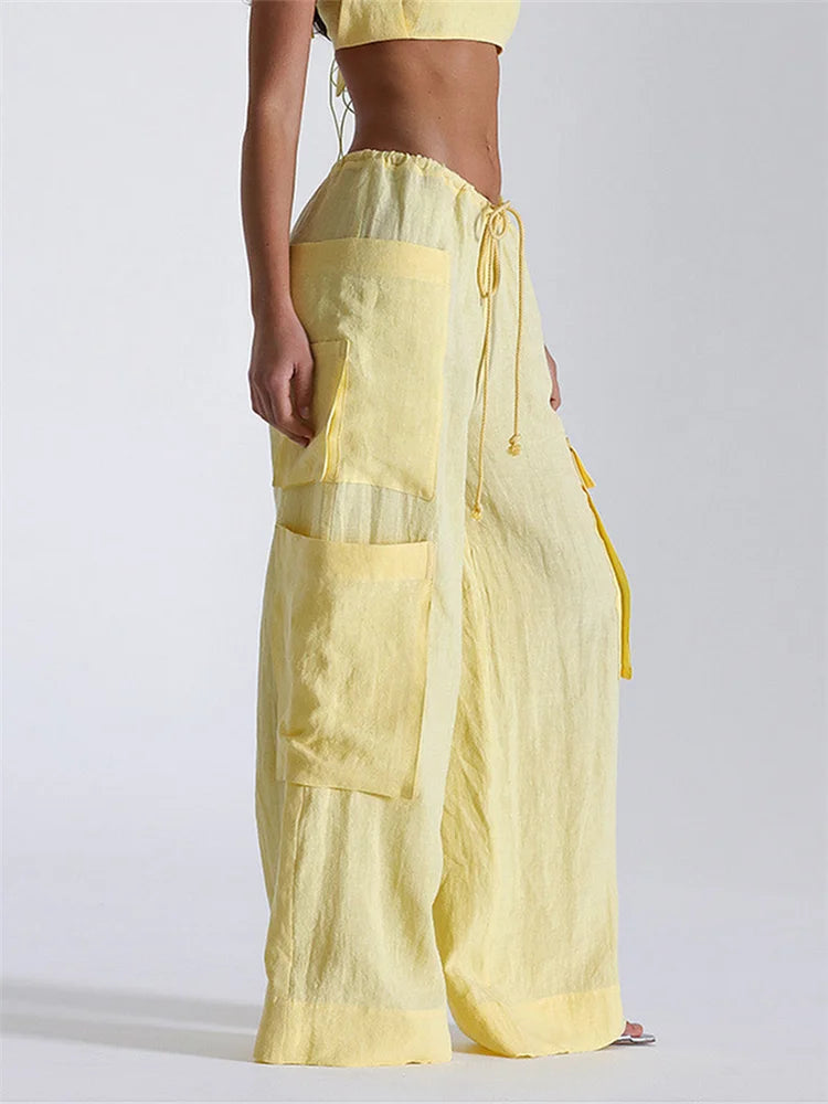 Streetwear Vibe Wide Leg Cargo Pants With Pockets And Drawstring Waist For Women