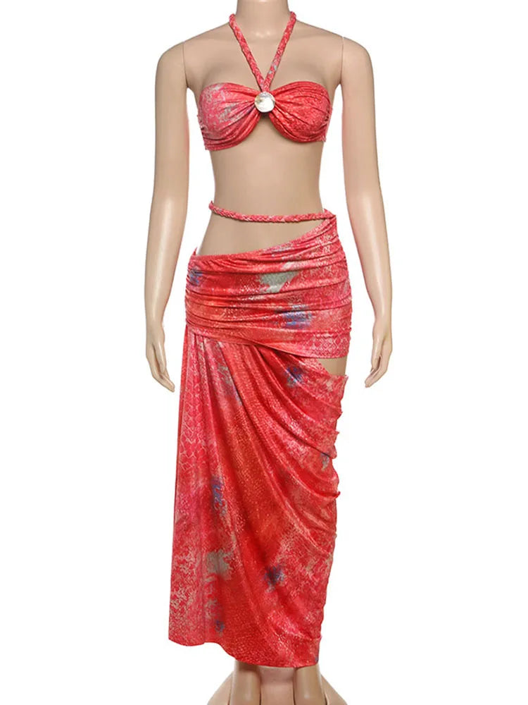Two Piece Halter Top And Hollow Slash Maxi Skirt Set